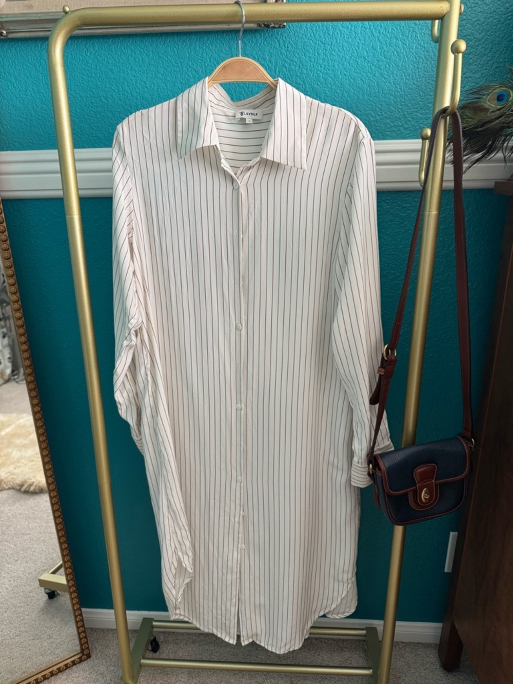 Striped Midi Shirt Dress in Ivory with Thin Brown Stripes